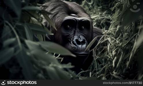 Giant gorilla hiding in the weeds  Illustration Generative AI
