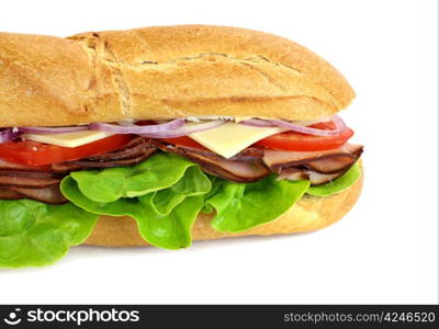 Giant ham, tomato, lettuce, cheese and onion sub ready to serve.