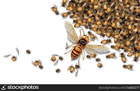 Giant Hornet Predator Attacking Bees as a Murder hornet or Asian giant insect that kills honeybees as an animal concept for an invasive speciesin a 3D illustration style.