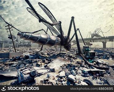 Giant insects destroy the city. 3D concept