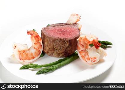 "Giant prawns with tenderloin steak and asparagus, a very basic "surf and turf" meal"