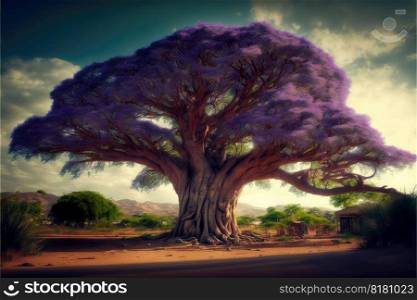 Giant tree in purple color leaves feel like fairytale during summer or spring time. Located in deep village of savanna landscape with trees and pond. Finest generative AI.. Giant tree in purple color leaves feel like fairytale.