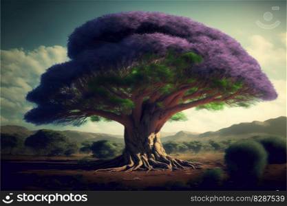Giant tree in purple color leaves feel like fairytale during summer or spring time. Located in deep village of savanna landscape with trees and pond. Finest generative AI.. Giant tree in purple color leaves feel like fairytale.