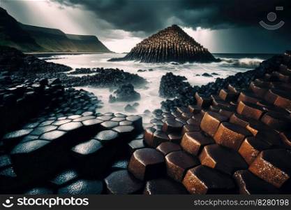 Giants causeway hexagon basalt rock on the sea. distinct generative AI image.. Giants causeway hexagon basalt rock on the sea