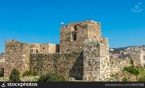 Gibelet old crusader castle walls and towers in Byblos, Lebanon