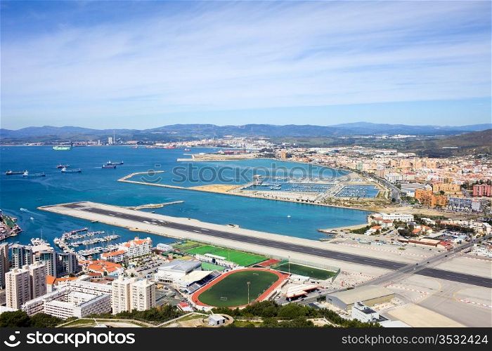 Gibraltar airport runway and La Linea de la Concepcion in Spain, southern Andalucia region, Cadiz province.