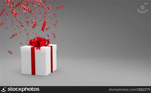 Gift box and confetti falling on gray background with copy space 3d render