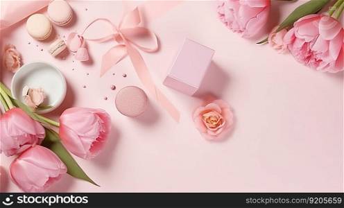 Gift box and pink roses on pink background, ai generative