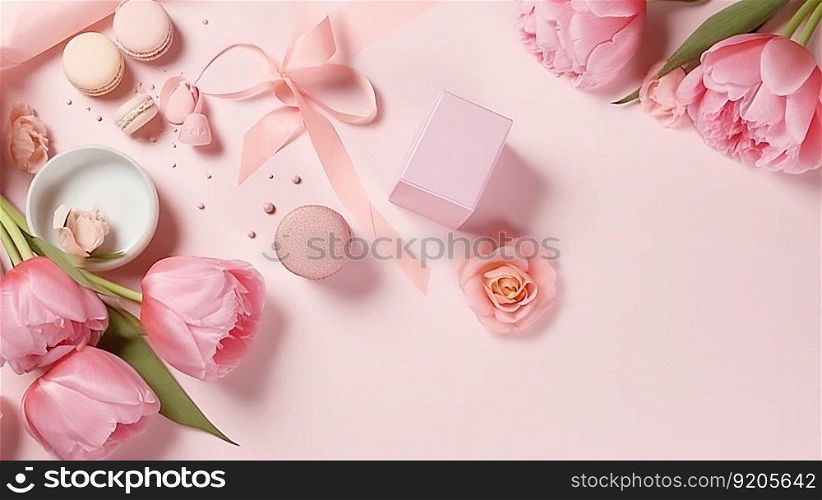 Gift box and pink roses on pink background, ai generatived