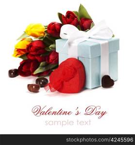 gift box, chocolate and flowers for Valentine&rsquo;s day ( on white background).