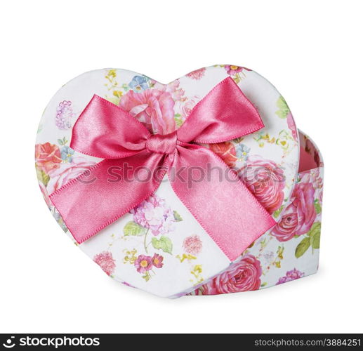 Gift box heart shaped with pink satin bow isolated on white background