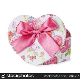Gift box heart shaped with pink satin bow isolated on white background