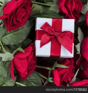 Gift box in red roses for Valentines Day