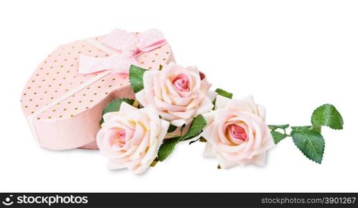 Gift box in the shape of heart and roses isolated on a white background