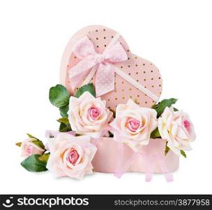 Gift box in the shape of heart and roses on a white background
