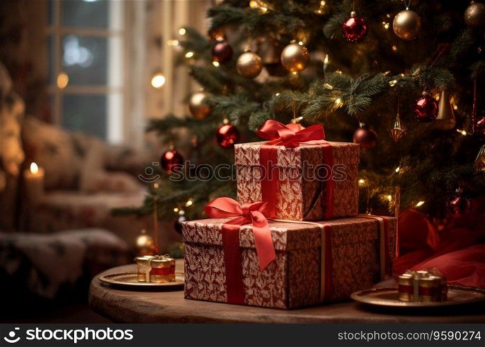 gift box on table and christmas tree with light bokeh. Generative ai.