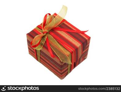 Gift box tied with a gold ribbon bow on white background.