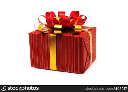 Gift box tied with a gold ribbon bow on white background.