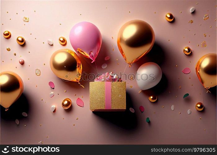 Gift box with baloons, happy birthday celebration. Gift box with baloons