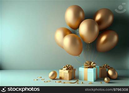 Gift box with baloons, happy birthday celebration over blue background. Gift box with baloons