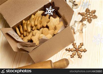 gift box with ginger cookies and cones close up