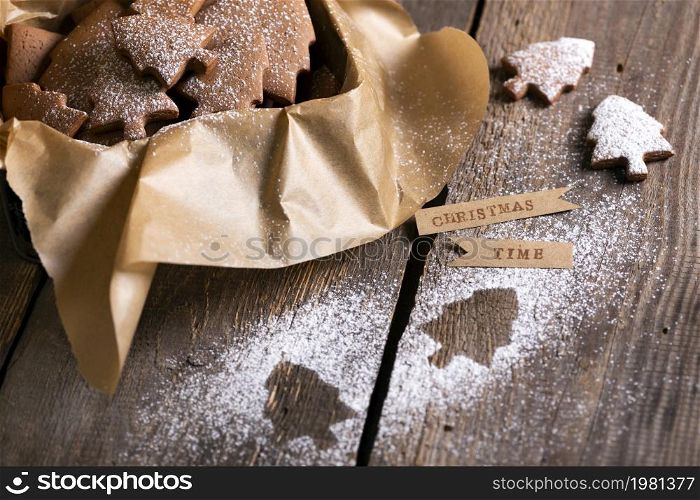 gift box with ginger cookies and cones close up. christmas still life