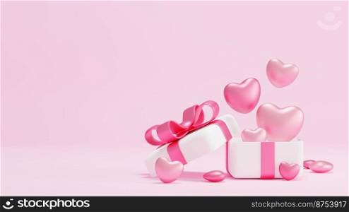 Gift box with hearts on pink background Valentine&rsquo;s day banner 3D render