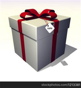 Gift box with red ribbon and label written sale. Sale gift box - 3D render