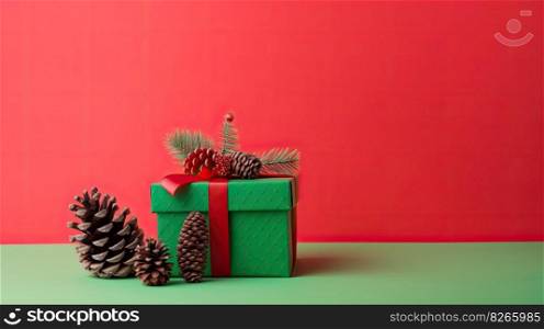Gift box with ribbon and pinecone. Illustration Generative AI 