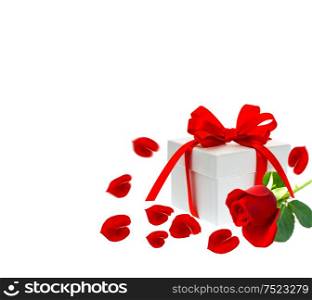 Gift box with ribbon bow. Red rose flower with petals over white background