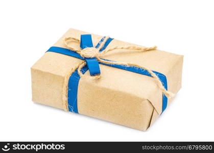 Gift box wrapped in recycled paper with ribbon bow