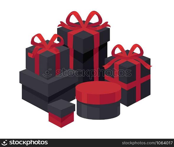 Gift boxes of different shapes and colors set vector. Special occasion tradition of exchanging presents with close people. Containers wrapped in paper with bows, celebration of event, holiday greeting. Gift boxes of different shapes and colors set vector.