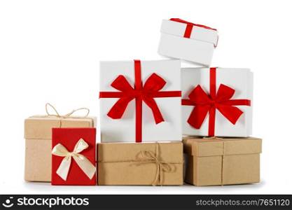 Gift boxes on white background Christmas New Year Advent birthday celebration. Gift boxes on white background