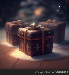 Gift Boxes on Wooden Background in Winter