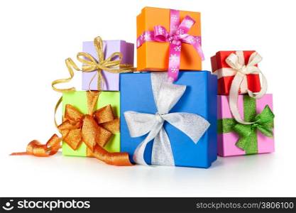 Gift boxes with bows on white background. Christmas composition