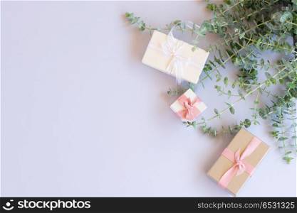 Gift boxes with green leaves. Green leaves with gift boxes on blue background from above with copy space, flat lay scene