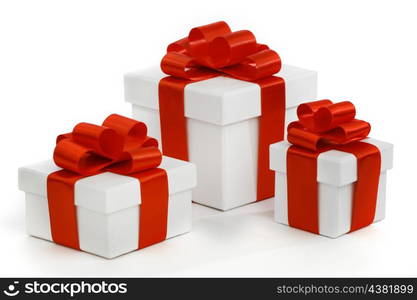 Gift boxes with red ribbon bows on white background