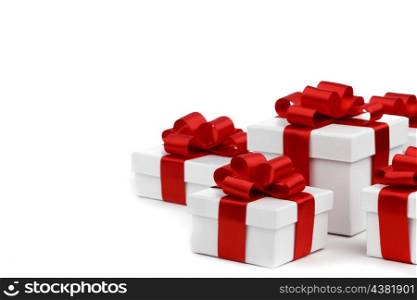 Gift boxes with red ribbon bows on white background