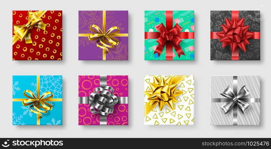 Gift boxes with ribbon bow. Gifts decoration bows, christmas holidays top view presents boxes. Xmas holiday greeting package, party prize box. 3d realistic isolated vector illustration icons set. Gift boxes with ribbon bow. Gifts decoration bows, christmas holidays top view presents boxes 3d realistic vector illustration set