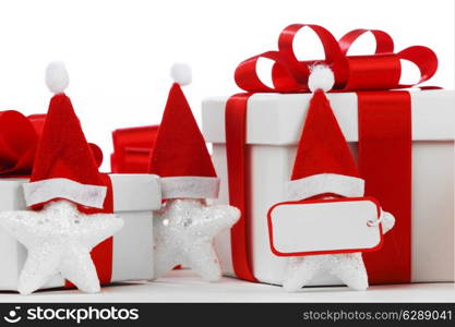 Gift boxes with santa claus stars isolated on white background