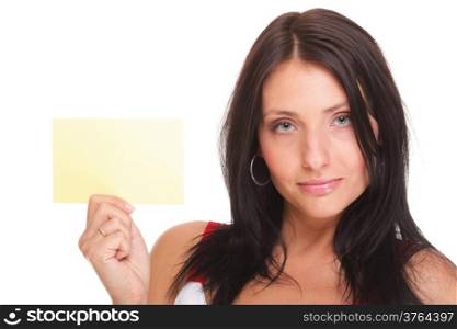 Gift card. Excited woman showing empty blank paper card sign female model isolated