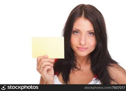 Gift card. Excited woman showing empty blank paper card sign female model isolated