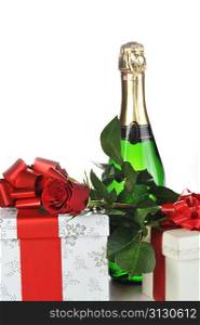 gift in box, champagne and red rose close-up