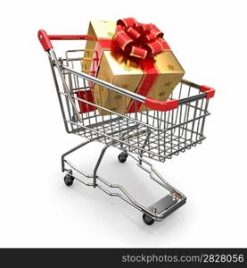 Gift in shopping cart on white background. 3d