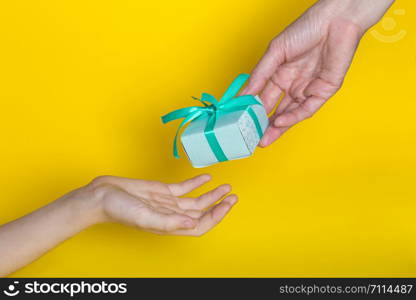 gift is given to the recipient on a yellow background. Birthday