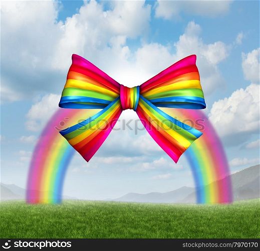 Gift of fortune and gifts from heaven concept with a colorful rainbow shaped as a fun and happy holiday ribbon and bow on a sky background as a symbol generosity in charity and donations for the joy of giving and receiving presents.