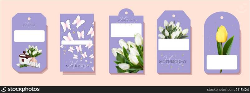 Gift tag for mother&rsquo;s day. Mommy spring holiday. Tulips are the first spring flowers for mom. Bouquet. Happy mother&rsquo;s day.. Gift tag for mother&rsquo;s day. Mommy spring holiday. Tulips are the first spring flowers for mom. Bouquet. Happy mother&rsquo;s day