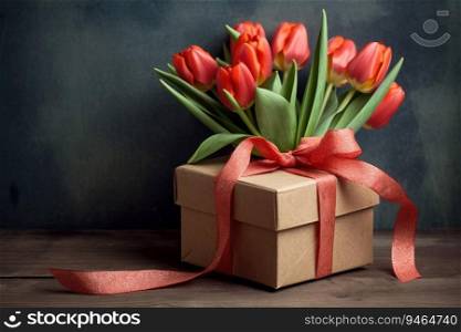 Gift with bow and tulips. Generative AI