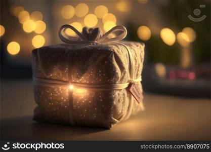 Gift with magical special effects lights on warm background. Generative AI 