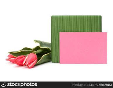gift with pink tulips isolated on white background